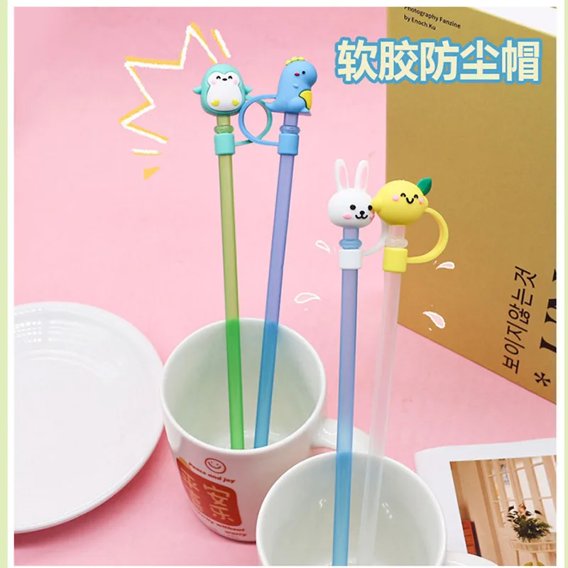 Reusable Silicone Drinking Straw Lids Cartoon Drinking Straw Caps Tips Cover