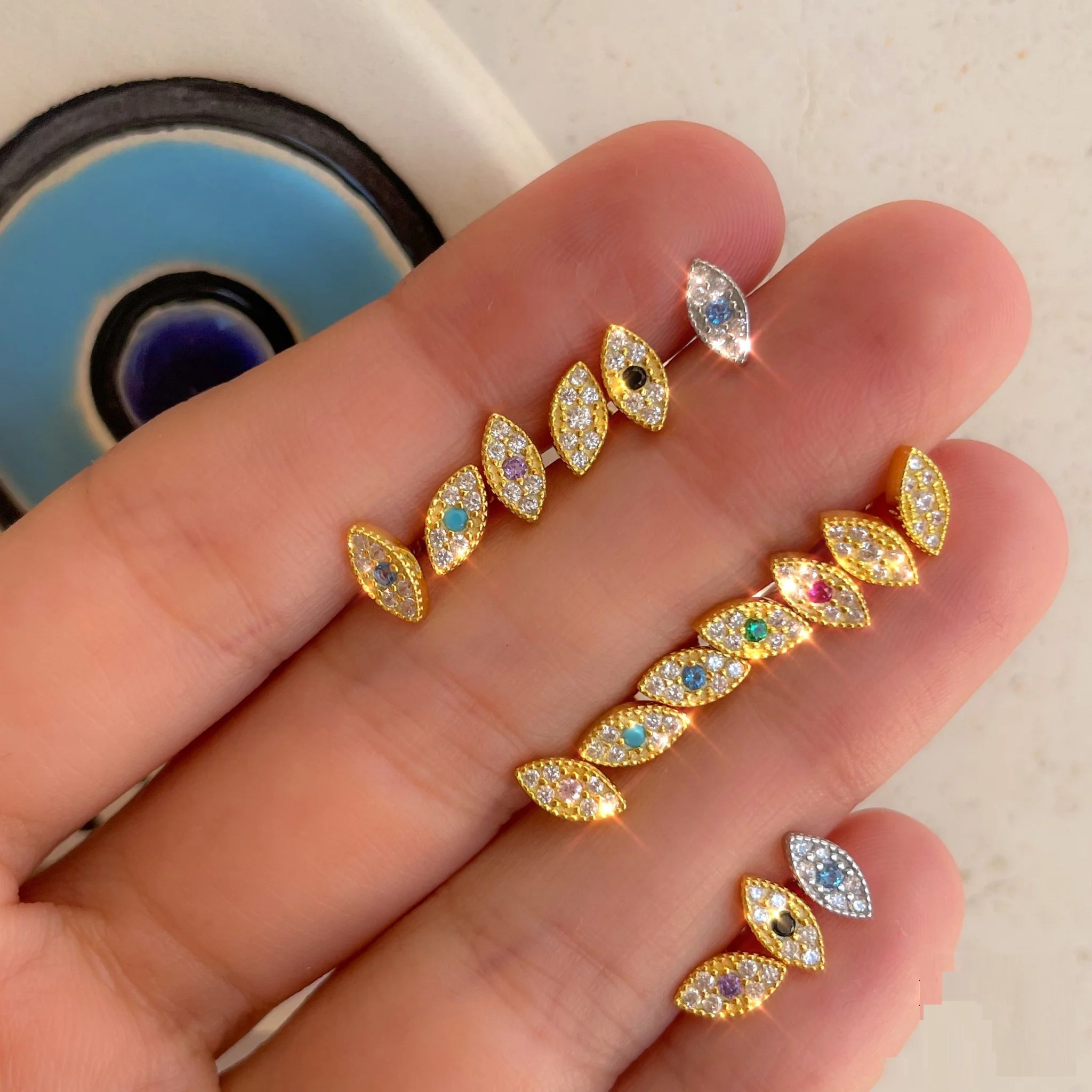 promotion 2023 minimal 925 sterling silver jewelry lucky eye shape pave cz small cute lovely delicate stud earring