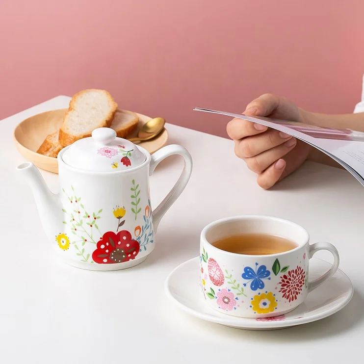 Wholesale Stackable Ceramic Tea Pot with 2 Tea Cups Set Flower Printed Tea for Two Gift Set