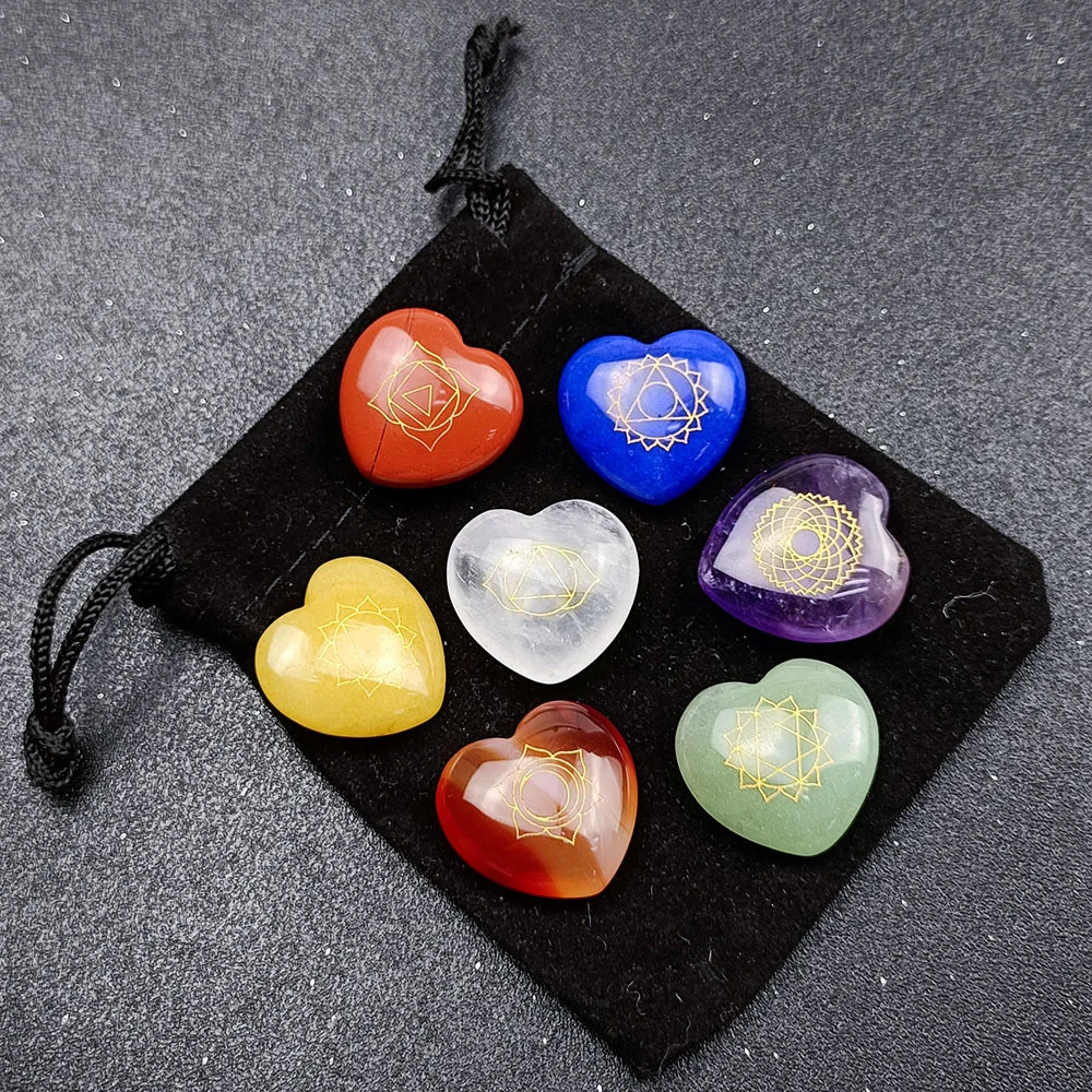 7pcs Chakra Natural Stones Beads Ornament for Jewelry Making Engraved Symbols Polished Stone Reiki Healing Stone Divination Gift