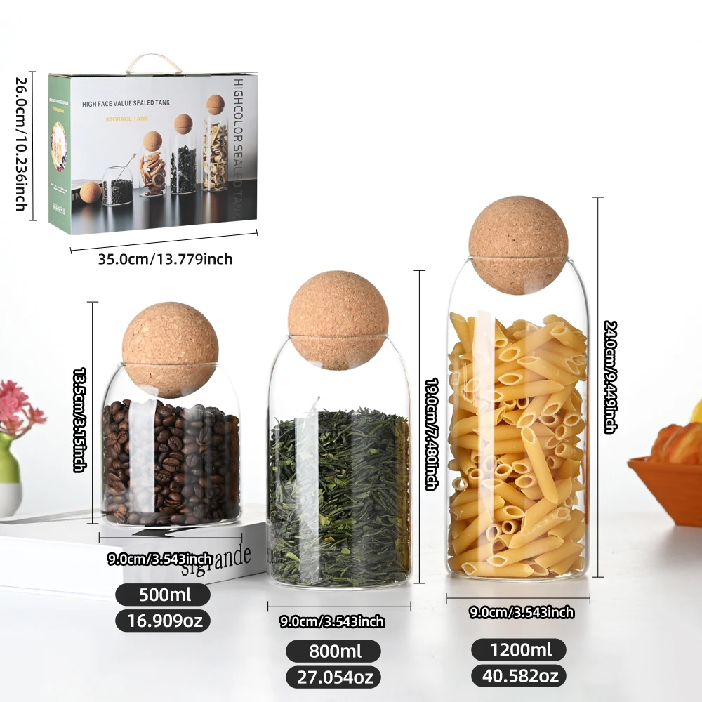 3pcs High Borosilicate Airtight glass spice Storage jar set With Cork Lid Ball
