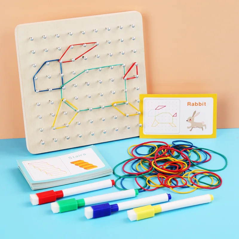 Wooden Geoboard Nail Board Toys Math Chart Toy With Cards