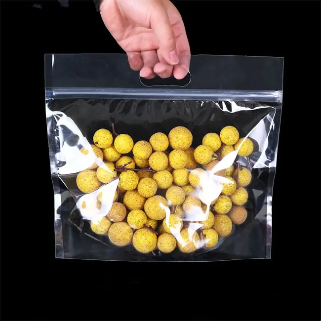 Clear Plastic Food Packaging Self-Sealing Zipper Bag Zip Lock Transparent Stand Up Pouch With Handle For Candy Tea Nuts Snack