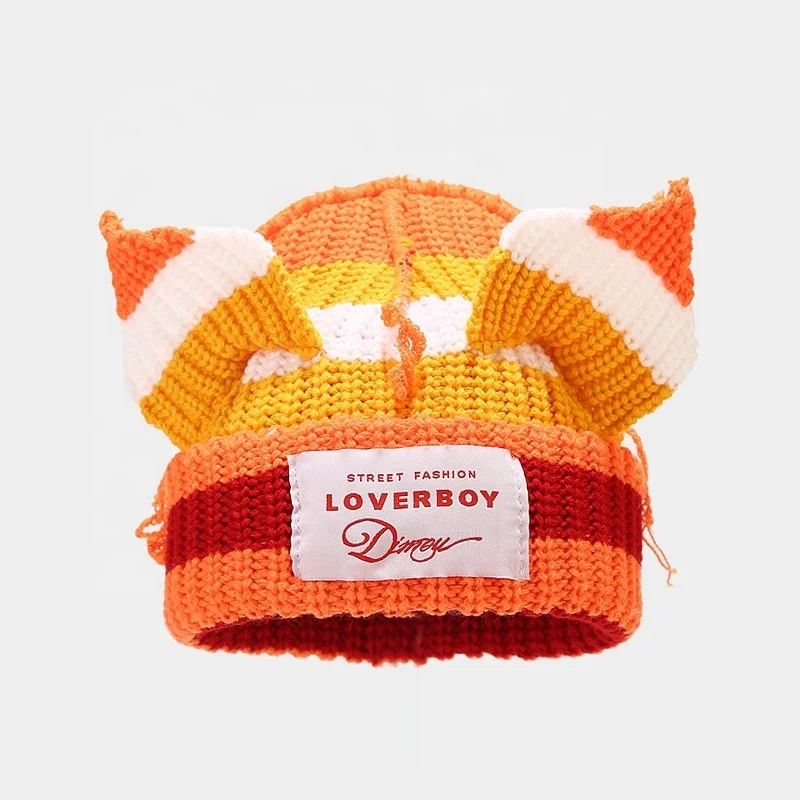 Landfond accessory Cute pig ears stitching knit hat stripe warm beanie hats
