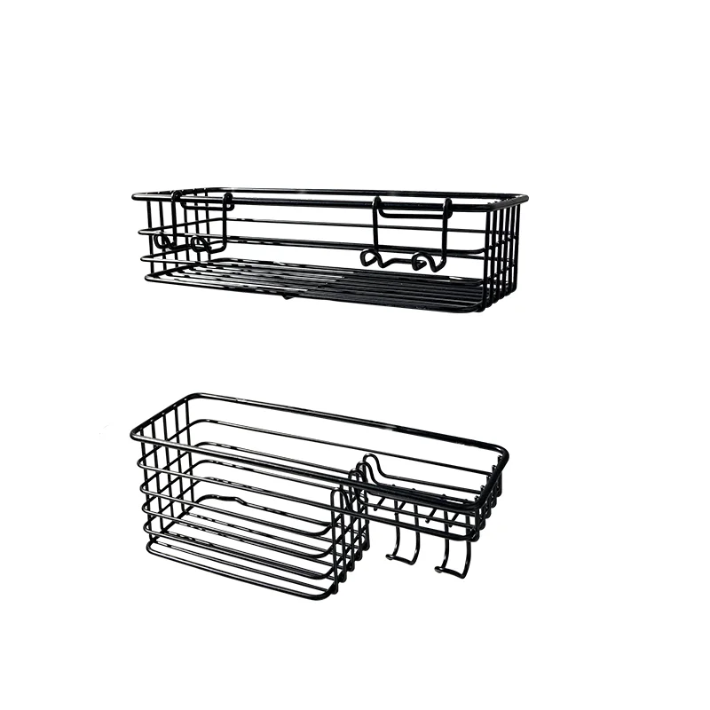 Bathroom Storage Rack Kitchen Organizer Shelf Black Shelves Corner Frame Iron Shower Punch Free Mounted Caddy Rack with hook
