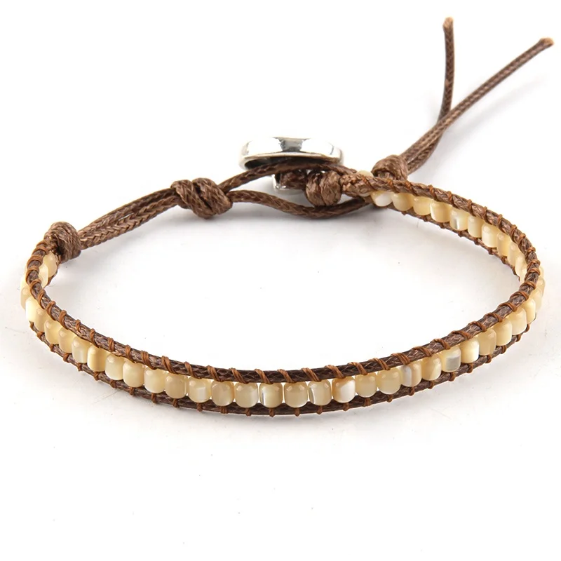 Fashion Jewelry Beautiful Boho Bracelets Women Beige Shell Alloy Metal Closure Brown Leather Cord Single Wrap Bracelet