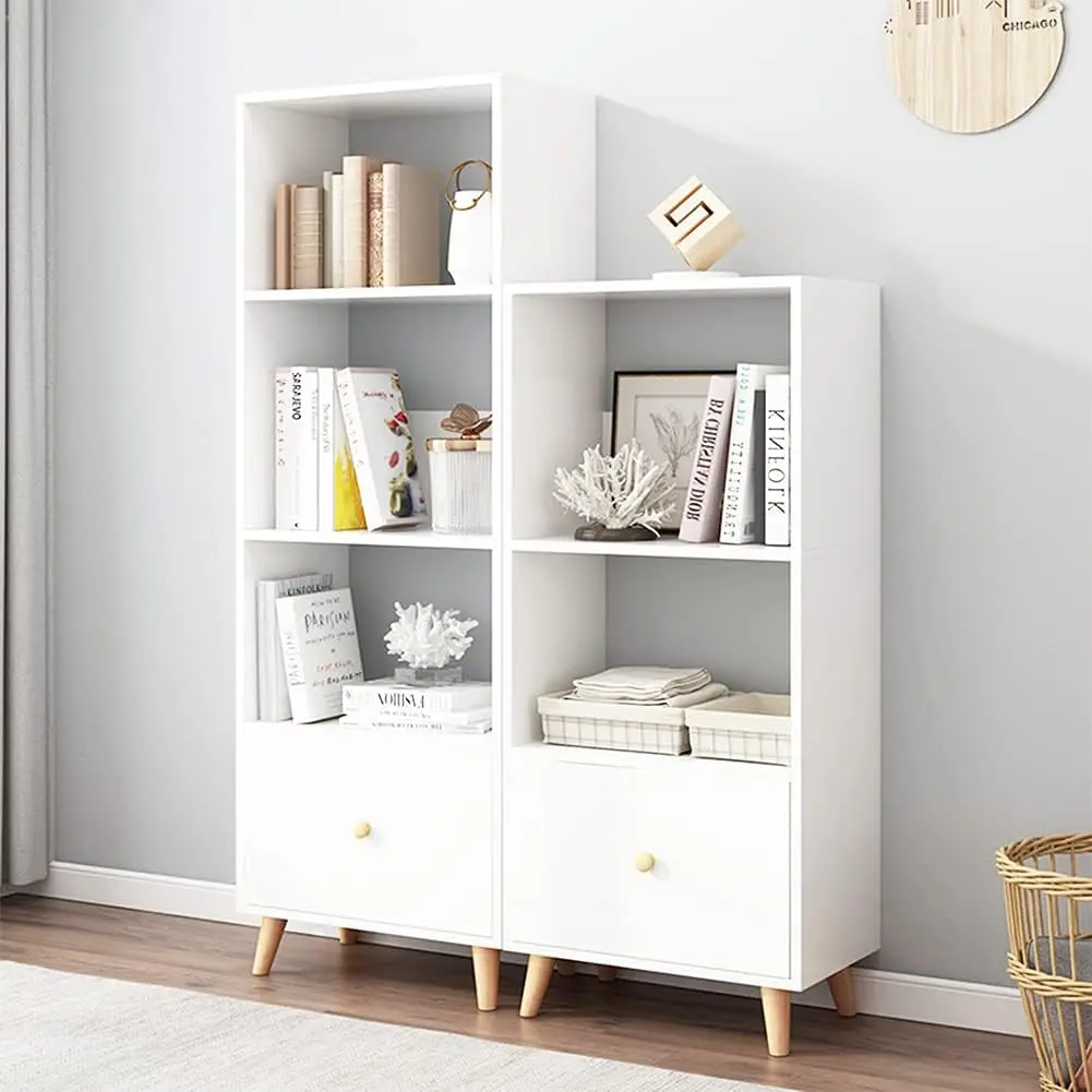4-Tier Open Shelves Bookcase - 59 Inches Height Modern Floor Standing Cubes Wooden Mid Bookshelf with Storage Drawer and Legs