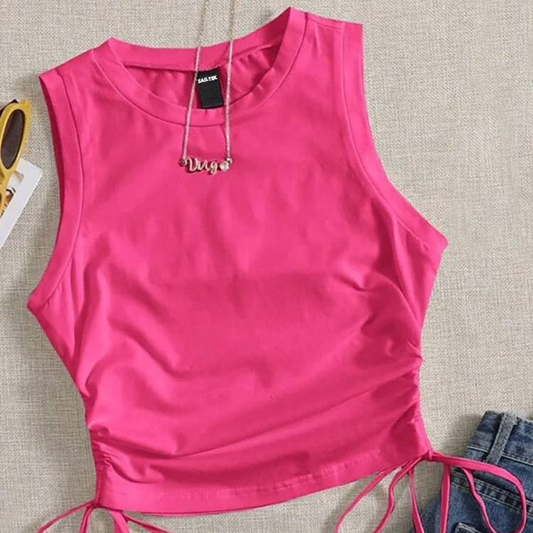 Women Sleeveless Tank Tops Ribbed Drawstring Side Ruched Basic Crop Tank Top Ladies