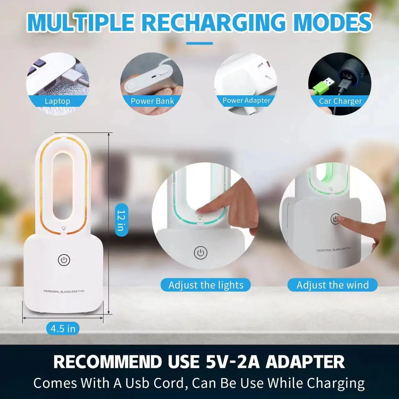 Desk Fan Small Bladeless Personal Fan Quiet Mini Table Fan Rechargeable Air Multiplier with 6-Colors LED Ambient Light