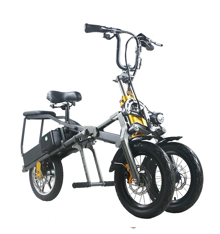 new design 14 inch 350W double 48V lithium battery 3 wheel foldable electric bicycle for adult