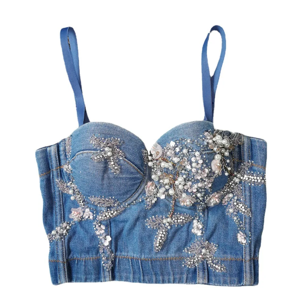 Denim fabric beaded suspenders hot doublet navel sexy fishbone bra for outdoor
