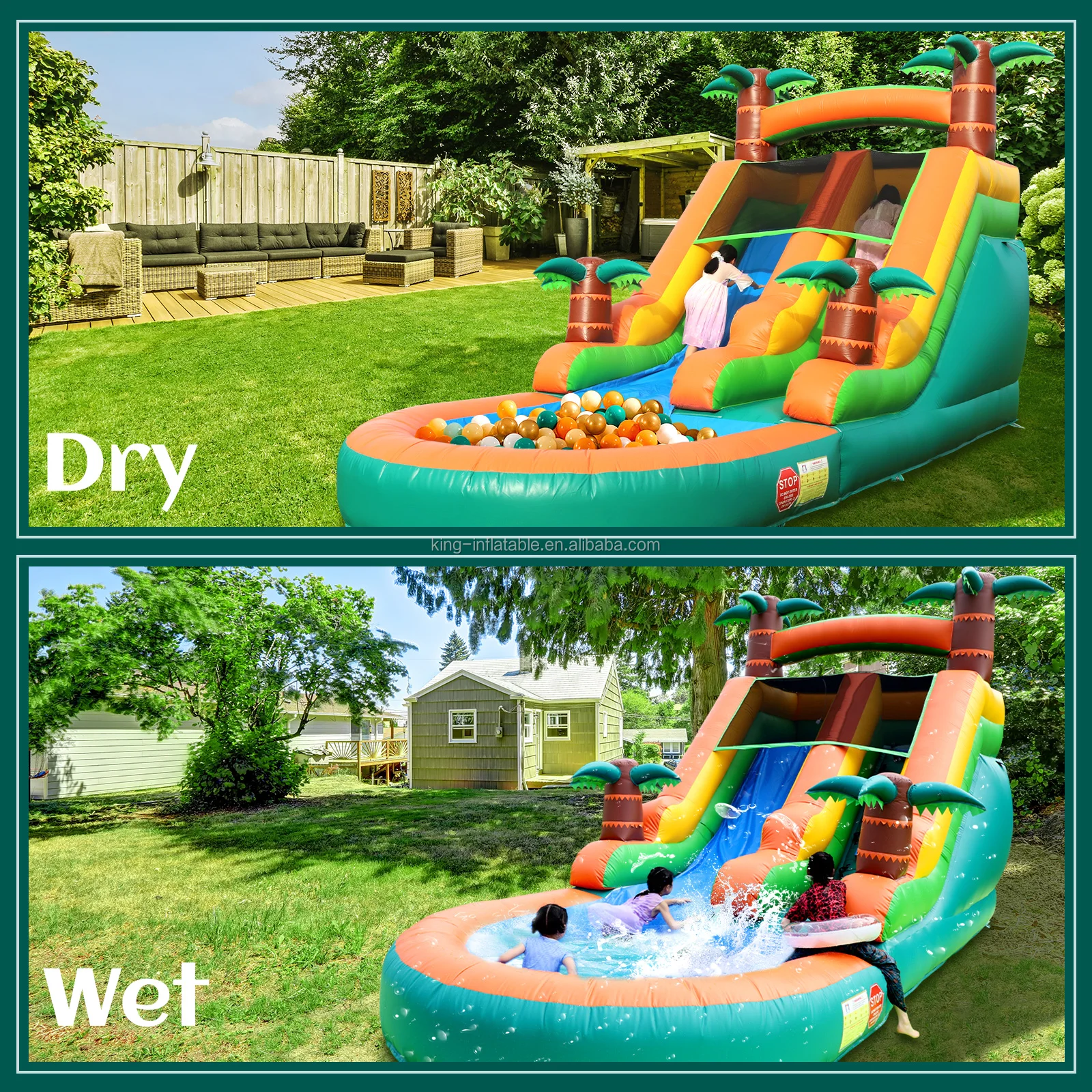 Commercial Outdoor Kids Adults Party Jumping Bouncy Castle Waterslide Inflatable Tropical Water Slide