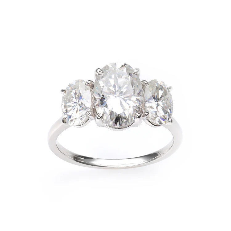 AAA GEMS Platinum Wedding Ring Three Stone Accented 10x7mm Oval Cut Moissanite Diamond Engagement Ring with GRA