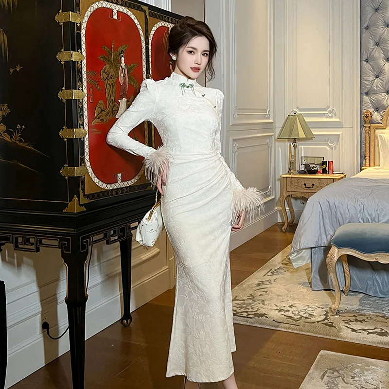 Chinese Style Dress For Women Autumn Winter New Arrivals  White Long Knitted Dresses Women Qipao
