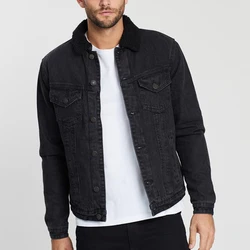 Men Black Custom Button Up Winter Warm Sherpa Fleece Denim Jacket