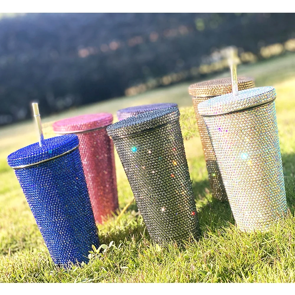 B200 high quality diamond Double Layer Stainless Steel tumbler bottle rhinestone vacuum flask with straw