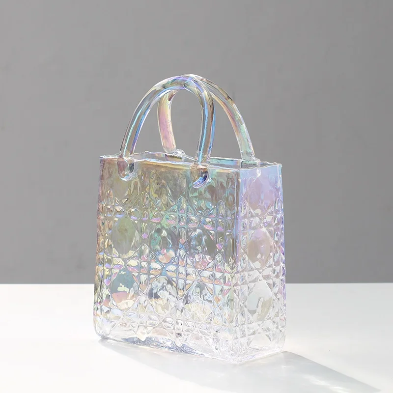 Bixuan Cuboid Hand Bag Vase Modern Flower Arrangement Purse Vase Unique Fishbowl Table Decor Gift Diamond Pattern Glass Vases