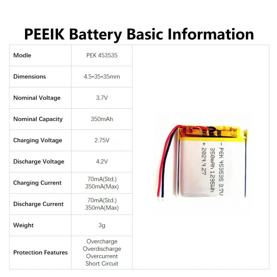 peeik 453535 3.7V 1.295Wh AI hardware Battery for AI Devices Safety-certified Batteries Smart Home Devices