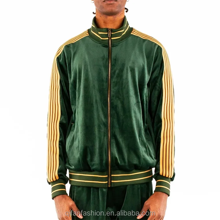 Custom high collar full zip up side stripe velvet velour track jacket for men