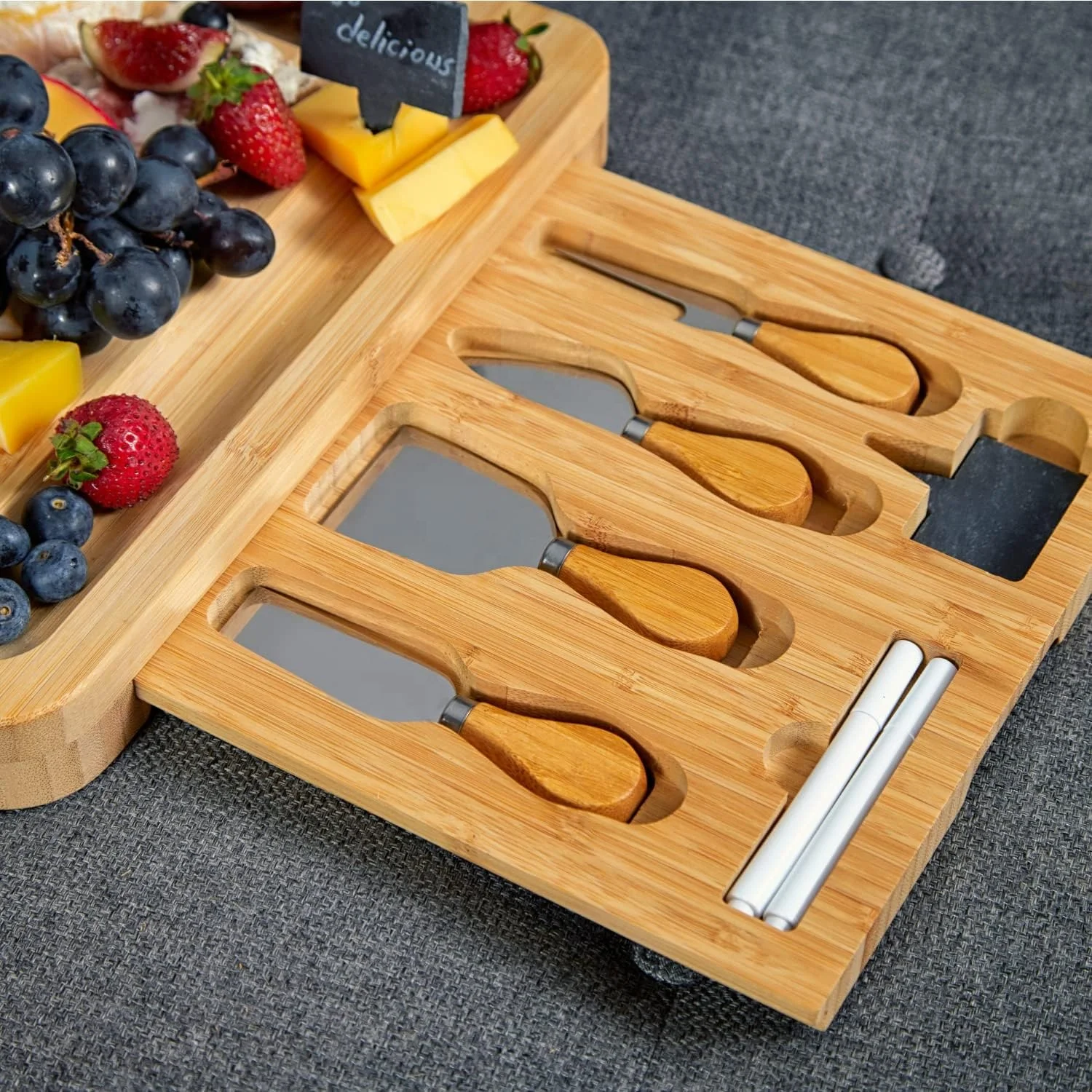 Wood Chopping Blocks Bamboo Cheese Board with Cheese Tools, Cheese Plate Charcuterie Platter with Utensils Set