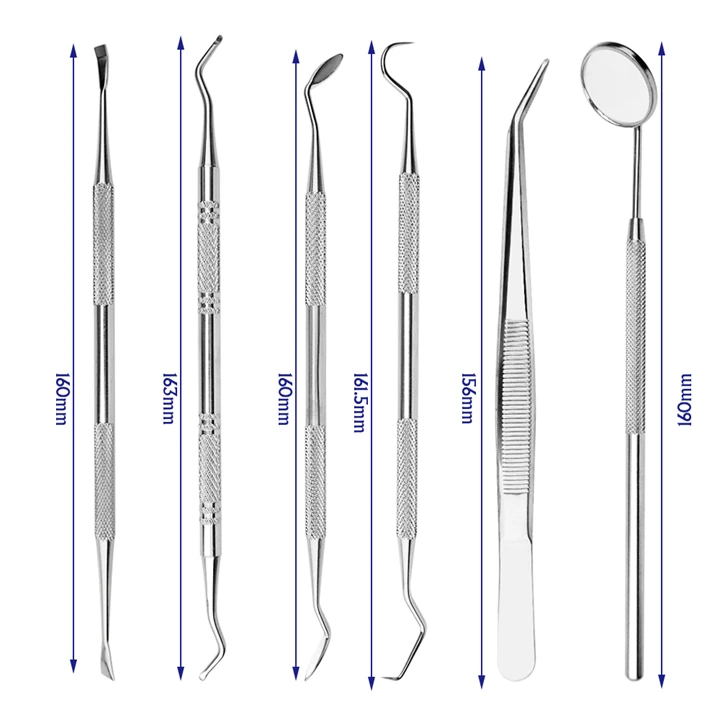 High Quality 6 pcs Set Stainless Steel Teeth Cleaning Kit with Tooth Scraper Mirror Tweezers