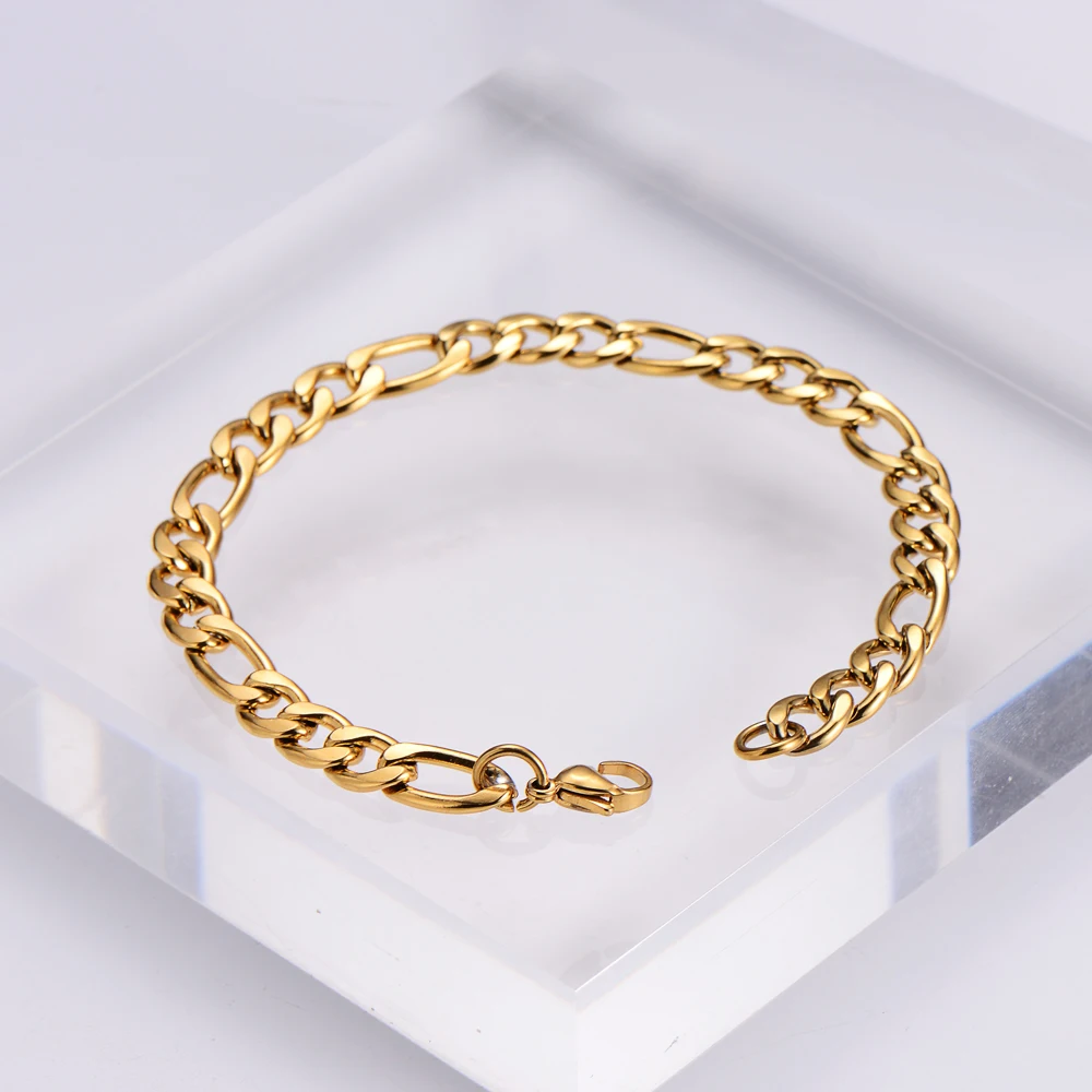 Fashion Jewellery Figaro Link Chain Cuban Men Women Unisex Stainless Steel Gold Bracelet