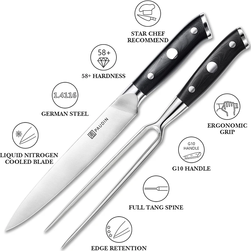 Professional 7 Inch High German Steel With G10 Fiberglass Handle BBQ Meat Fork Kitchen Chef Knife Set