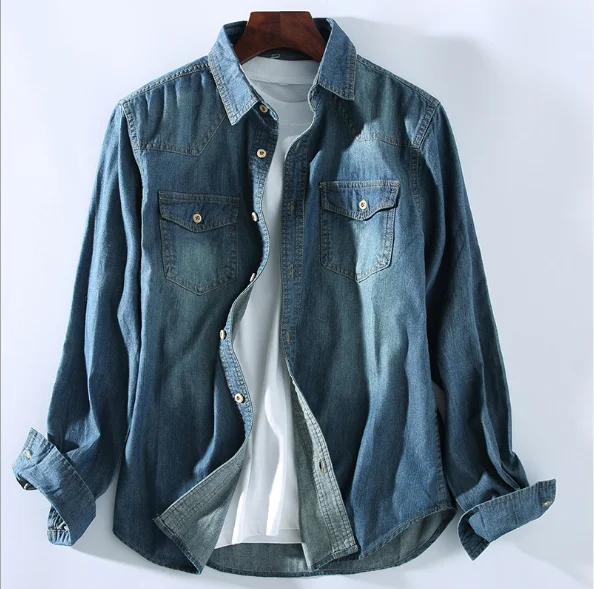 2022 long sleeve loose denim shirt classical style for men