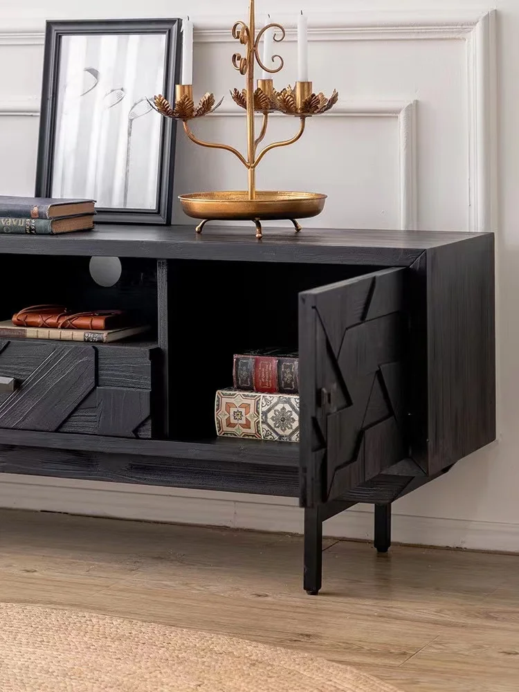 French Retro Style Black Carved TV Stand Solid Wood Entryway Storage Decorative Cabinet for  Living Room