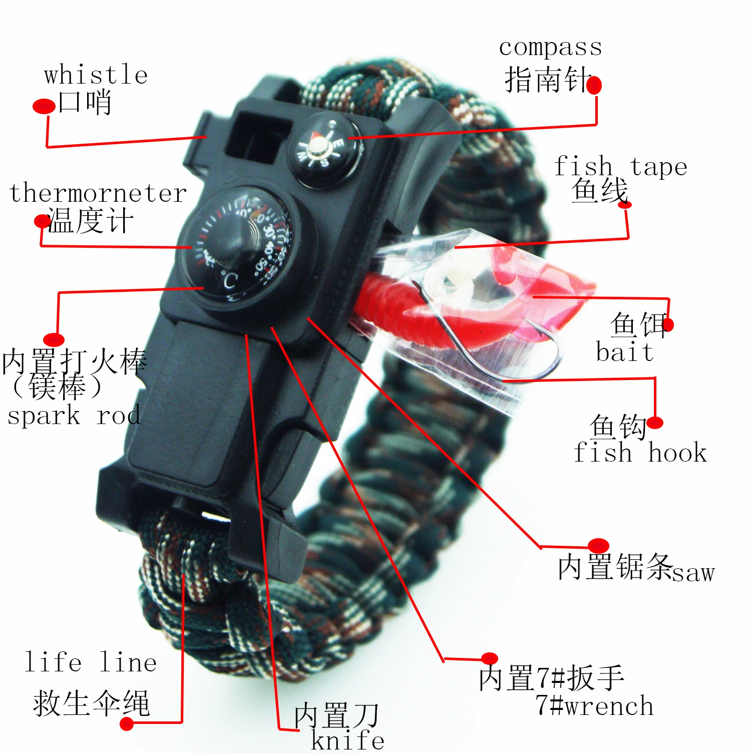 New design Outdoor Survival Multi-function with Compass fish hook bait and thermometer Survival Paracord Bracelet for fishing