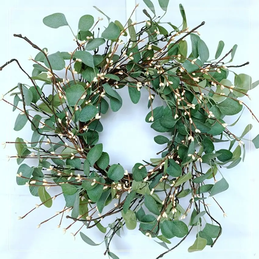 New Design Large Eucalyptus Wreath With Ivory Cream Pip Berry With Twigs On Grapevine Decoration Garland With Great Price