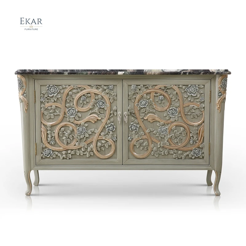 Luxury Carved Wooden Marble Top Dining Room Sideboard Cabinet china cabinet