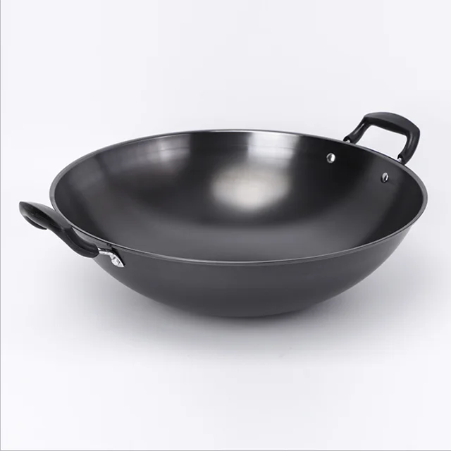 Manufacturer direct double ear wok 40 cm round bottom deepened iron pan without coating physical non-stick wok  wholesale