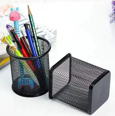Round or Square Black Metal Mesh Desk Organizer Office Pencil Pen