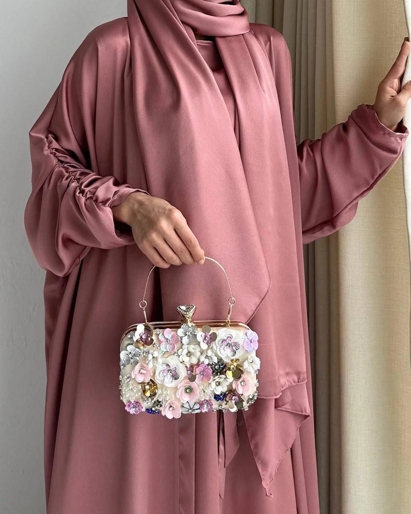 Muslim Fashion Clothes Women Abaya Dubai Stain Fabric 3 Pieces Set with Hijab+Sleeveless Dress