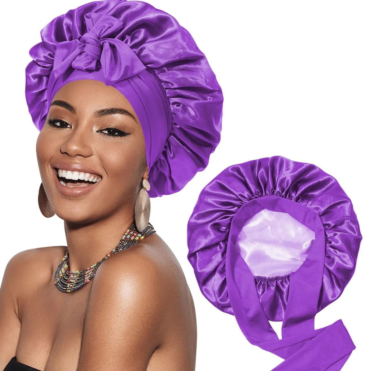 Bonnets And Satin Hair Wraps Bucket Hat Bonnet Silk Round Night Cap Elastic Bands Custom Logo