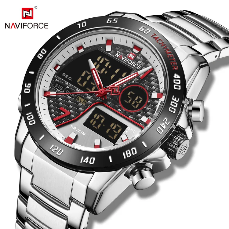 Часы мужские кварцевые NAVIFORCE 9171 спортивные из нержавеющей стали с двойным циферблатом углеродного волокна цифровые Роскошные 2022
