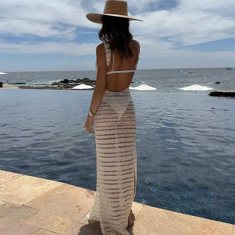 Famaker Knit Hollow Out Sexy Backless Beach Maxi Dress Women Summer Holiday Sleeveless Elegant Long Dresses