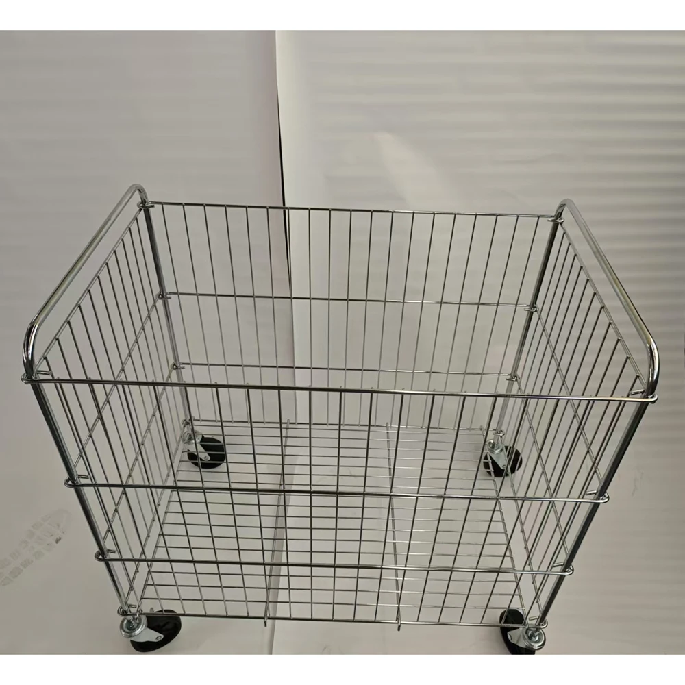 Heavy duty warehouse iron grid steel supermarket shopping basket design metal wire storage cages with wheels