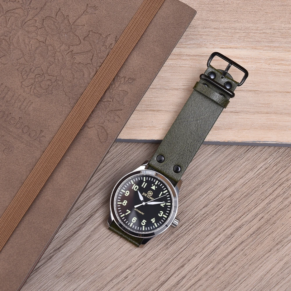 JUELONG Lychee Texture Genuine Leather Watch Strap 22mm Black Hardware Polit Watch Band