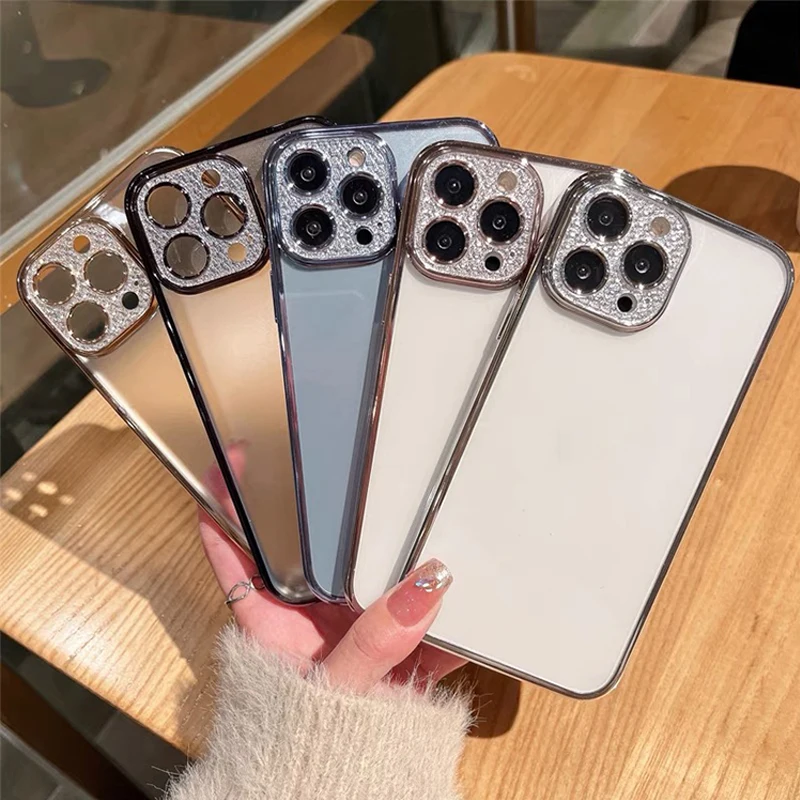 For iphone 13 diamond frame luxury metal plating TPU transparent clear phone case For iPhone case