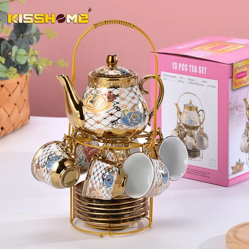 Coffee Tea Sets European Style Luxury Espresso Accessories Ceramic Cafe Cup Colorful Flower 100ML Gold Plated Tea Coffee Set