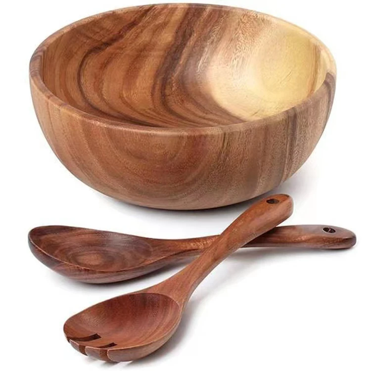 Wholesale Acacia Salad Wooden Bowl Antique Natural Bamboo Salad Bowl With Spoon