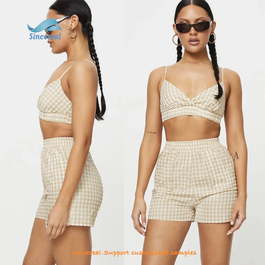 Custom summer casual fashion checked shirt gingham fabric Sleepwear cotton line women home wear pajamas 3 piece set