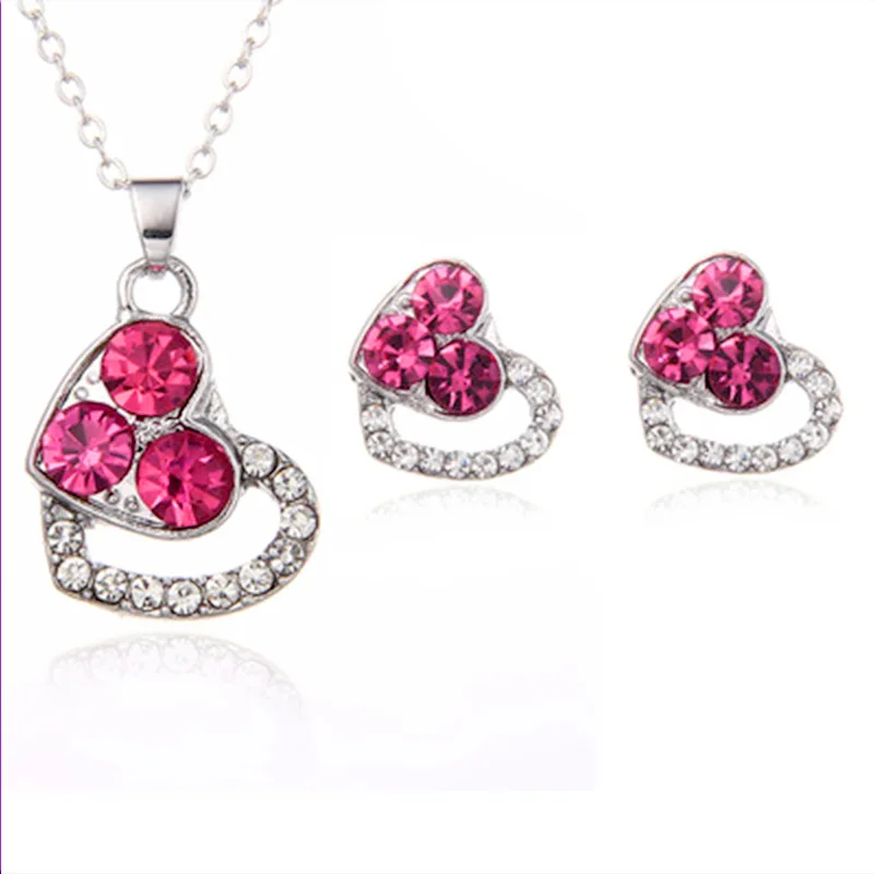 New Arrival Heart Crystal Necklace Bling Diamond Crystal Stud Earrings Necklace Sets for Women Jewelry