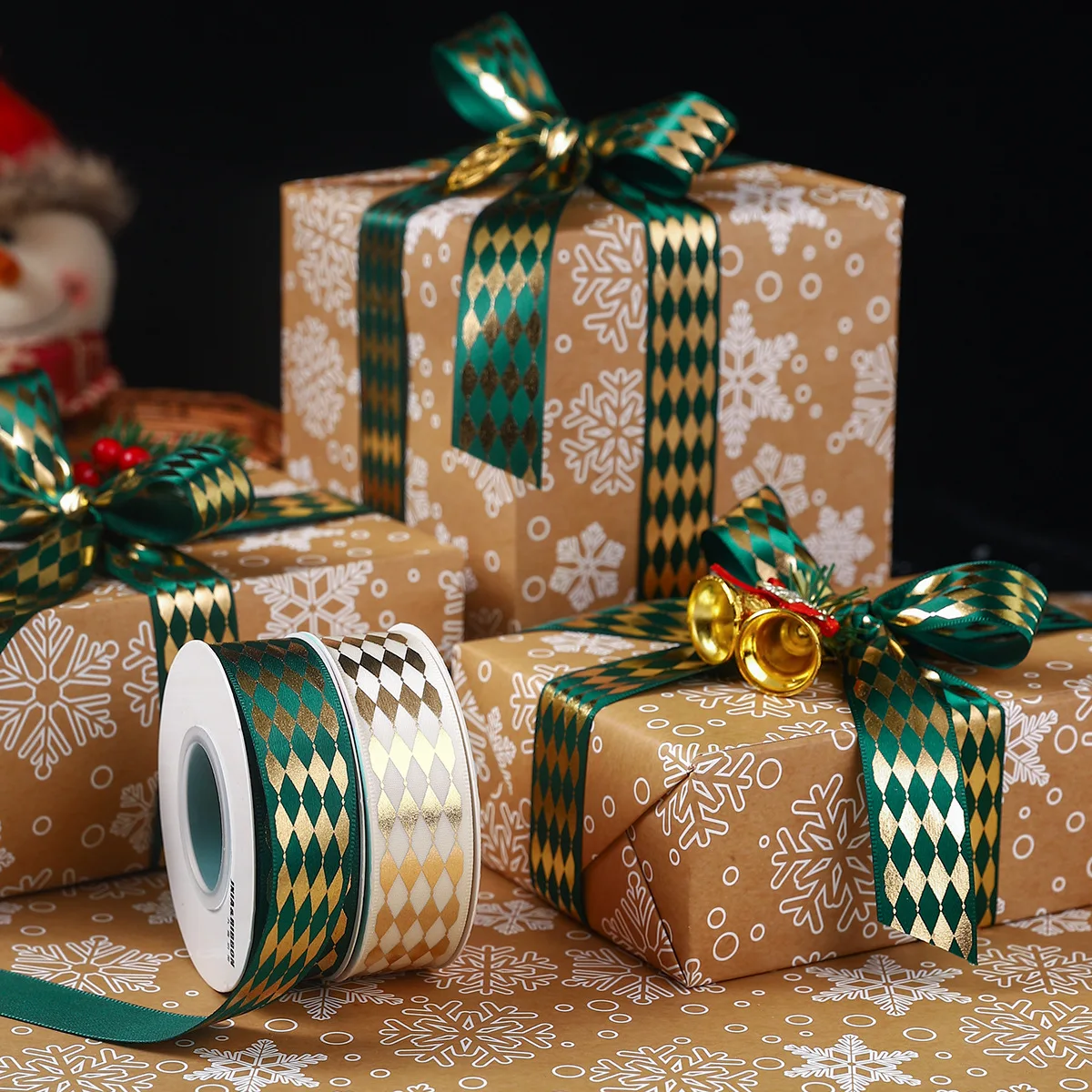 luxury 2.5cm*25Y/roll rhomboid diamond design hot stamping printed ribbon roll DIY handmade metallic gift decorative ribbon