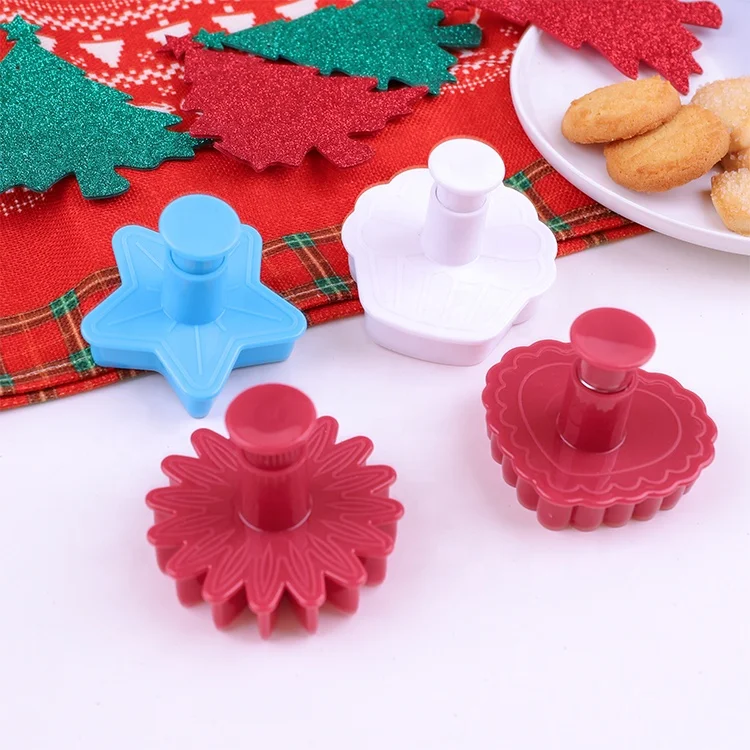 Wholesale 4 PCS Flower Star Plastic Biscuit Press Cake Fondant Plunger Christmas Cookie Cutter Stamps Set