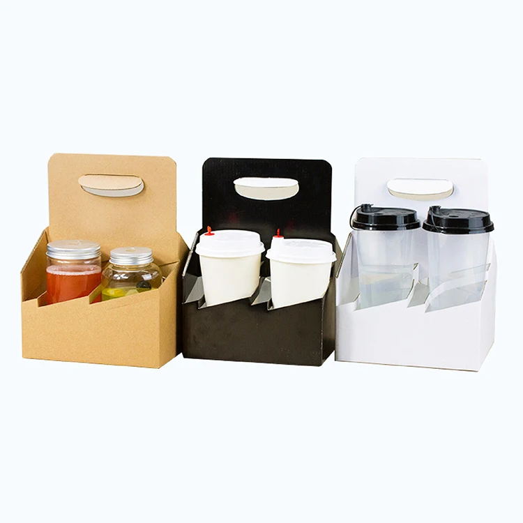 Customized  Hot Drink Cardboard Cup Holder Tray Takeaway Cup Carrier With Handle Kraft Take Out Coffee Paper Cup Holder Tray