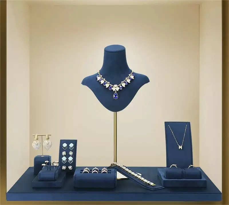 VANLOCY factory custom shop blue new jewelry necklace ring pendant bracelet bracelet metal display stand set