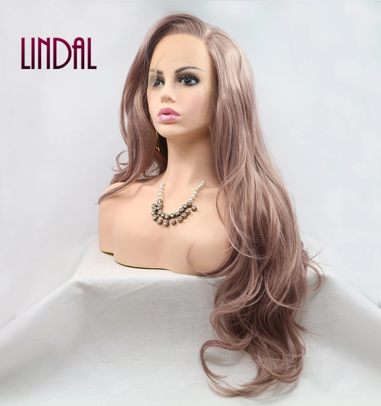 LINDAL Rose Gold Synthetic Lace Front Wig Long Wavy Natural Hairline Heat Resistant Fiber Hair Peach Pink Glueless Lace Wigs